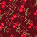 Hand drawn cherry berries and leaves seamless pattern. Hand drawn cherries wallpaper. Fruits backdrop Royalty Free Stock Photo