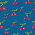 Hand drawn cherry berries and leaves seamless pattern. Hand drawn cherries wallpaper. Fruits backdrop Royalty Free Stock Photo