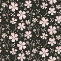 Hand drawn cherry blossom seamless pattern. Japanese sstyle tossed moody dark floral ditsy background. Soft pink neutral tones.