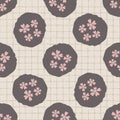 Hand drawn cherry blossom seamless pattern. Japanese style polka dot ditsy background. Soft pink neutral tones. All over print for