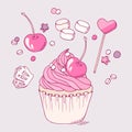 Hand drawn cherry cupcake clip art