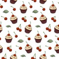 Vector seamless pattern hand drawn cherry cupcake