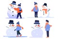 Hand Drawn Child character playing with snowman in winter in flat style