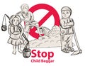 Hand drawn Child lake a freedom they need education,red symbol stop child beggar