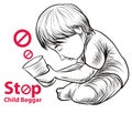 Hand drawn Child lake a freedom they need education,red symbol stop child beggar Royalty Free Stock Photo