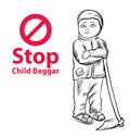 Hand drawn Child lake a freedom they need education,red symbol stop child beggar Royalty Free Stock Photo