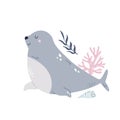 Hand drawn childish illustration with funny fur seal in soft colors for nursery, cloth prints, decorations Royalty Free Stock Photo