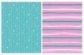 Hand Drawn Childish Style Vector Patterns. Blue, White and Black Vertical Stripes Isolated on a Pink Background. Royalty Free Stock Photo