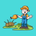 Hand drawn children cartoon activities of man water plants