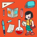 Hand drawn children cartoon activities of students girl and study stuffs