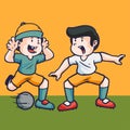 Hand drawn children cartoon activities of two boys playing football