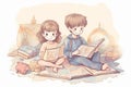 Hand drawn children illustration of two kids, a boy and a girl, reading while sitting on the carpet. Generative AI Royalty Free Stock Photo