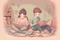 Hand drawn children illustration of two kids, a boy and a girl, reading while sitting on the carpet. Generative AI Royalty Free Stock Photo