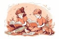 Hand drawn children illustration of two kids, a boy and a girl, reading while sitting on the carpet. Generative AI