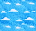 Hand drawn children`s illustration of blue sky and white clouds in freehand color pencil style