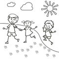 Hand drawn children walk on the lawn in the summer