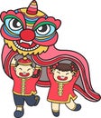 Hand Drawn Chinese lion dancing with Chinese children illustration Royalty Free Stock Photo