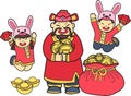 Hand Drawn Chinese Wealth God and Chinese Boy with girls illustration