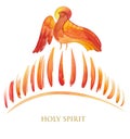 Hand drawn Christian illustration Holy Spirit in the form of a dove and tongues of fire, `Pentecost`, `Descent of the Holy Spir