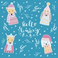 Hand-drawn Christmas animals in Scandinavian style, set HELLO WINTER on blue green background Royalty Free Stock Photo