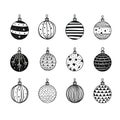 Hand Drawn Christmas Ball Collection Isolated on White Background, New Year Balls Sketch Royalty Free Stock Photo