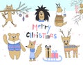 Hand drawn christmas card with cute cat, hedgehog, deer, squirrel, bear in a jacket, sledges with gifts and other items Royalty Free Stock Photo