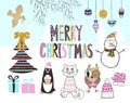 Hand drawn christmas card with cute penguin, cat, owl, snowman, bird, tree, presents and other items.