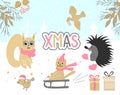 Hand drawn christmas card with cute squirrel, bird, hedgehog, gifts, cat riding a sleigh and other items. Royalty Free Stock Photo