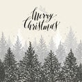 Hand drawn christmas card. New year trees with snow.Vector design illustration. Calligraphic text Merry Christmas.