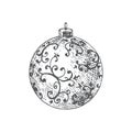 Hand Drawn Christmas Decorated Round Toy Ball Vector Illustration. Abstract Rustic Sketch. Winter Holiday Engraving