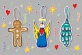 Hand drawn christmas doodle sticker collection of decorative christmas toys. vector gingerbread man, cute angel and fir or pine Royalty Free Stock Photo
