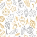 Hand drawn Christmas seamless pattern. Fur tree with balls, toys and fir-cone, for xmas design in gold and silver Royalty Free Stock Photo