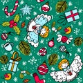 Christmas pattern with angel holly berry, sweets, christmas balls