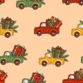 Hand drawn Christmas pattern with red trucks and gift boxes vector illustration Royalty Free Stock Photo