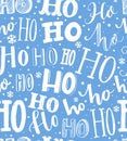 Hand drawn Christmas pattern. Seamless background with text hohoho. Gift wrapping blue and white paper. Royalty Free Stock Photo