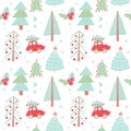 Hand drawn Christmas seamless pattern with christmas trees. Cute red retro car in Winter fir forest. Holiday background. Vector Royalty Free Stock Photo