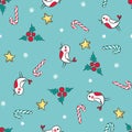 Hand drawn Christmas seamless pattern with cute bird, mistletoe and candy.