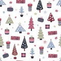 Hand drawn Christmas seamless pattern. Doodle texture with xmas tree, gift boxes and snowflakes. Scandinavian pattern. Vector illu