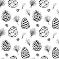 Hand drawn Christmas seamless pattern with fir tree and pine tree branches and cones isolated on white background. Vector Royalty Free Stock Photo