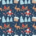 Hand drawn Christmas seamless pattern with house, fir-tree forest, deer, sled, Santa Claus snowflake on blue background. Royalty Free Stock Photo