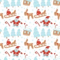Hand drawn Christmas seamless pattern with house, fir-tree forest, deer, sled, Santa Claus snowflake on white background. Royalty Free Stock Photo