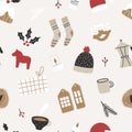 Hand drawn Christmas seamless pattern in scandinavian style.