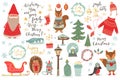 Hand drawn Christmas set in cartoon style. Funny card with cute animals and other elements Royalty Free Stock Photo