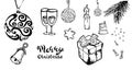 Hand-Drawn Christmas Sketchy Doodles- Vector Illustration Design Elements.set ,candle,glasses, fireworks,star,bell, tree