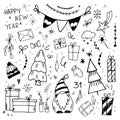 Hand-Drawn Christmas Sketchy Notebook Doodles- Vector Illustration Design Elements on Lined Sketchbook Paper Background Royalty Free Stock Photo