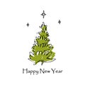 Hand drawn Christmas tree. Happy New Year greeting card.