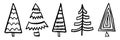 Hand drawn Christmas tree set, doodle black vector, linear style symbols collection Royalty Free Stock Photo