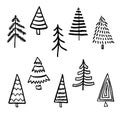 Hand drawn Christmas tree set, doodle black vectors collection, linear style symbols collection Royalty Free Stock Photo