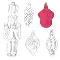 Hand drawn christmas tree toy: monkey, leaf, soldier, cone. Royalty Free Stock Photo