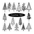 Hand drawn Christmas tree vector set. Doodle ink sketched illustration. Cute abstract conifer pine fir christmas needle Royalty Free Stock Photo